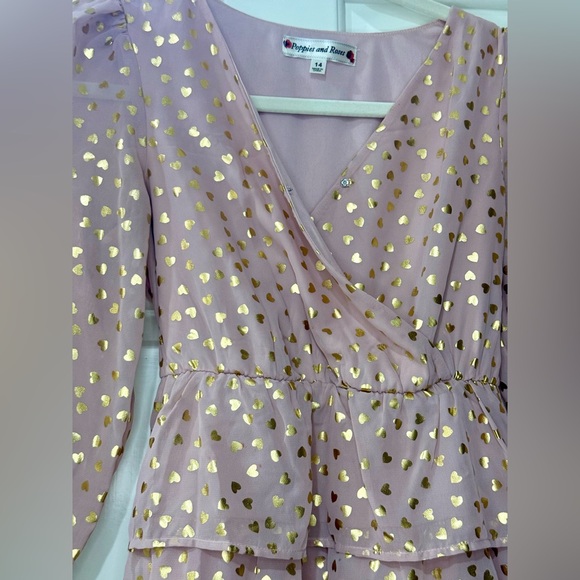 Poppies and Roses pink & 💛 tiered mini dress with sheer long sleeves size 14. - Picture 3 of 4